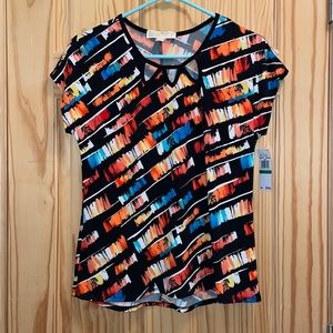 NWT Michael Kors MICHAEL Short Sleeve Cutout Neckline Top Blouse Sz L Multicolor